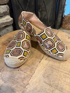 Tory Burch Geometric Espadrille Slip-Ons sz 7 rose gold sequins jute toe